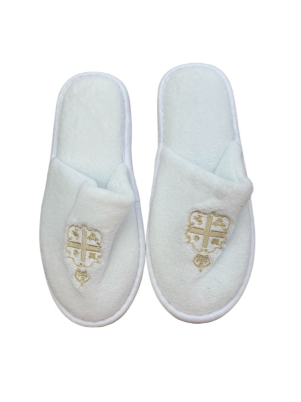 White Plush Slip-On Slippers with Gold Emblem